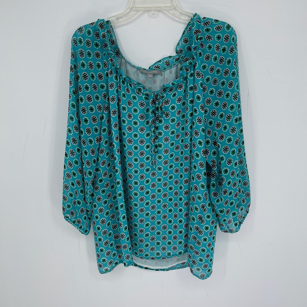 NY Collection Women's Teal Geometric Ruffle Tie Neck Peasant Top Blouse Size XL